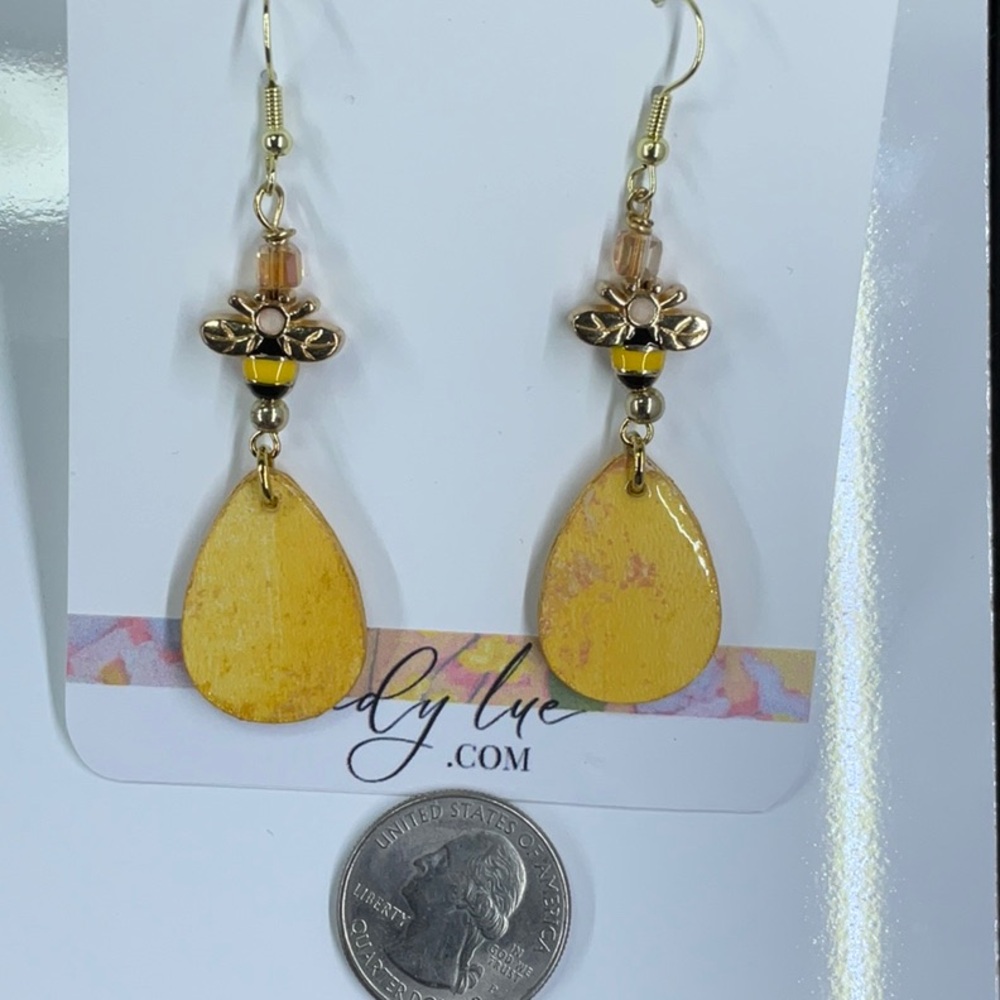Golden Dangle Teardrop Statement Earrings with Bee Charm - Picture 9 of 9